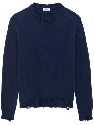 Памучен пуловер с протрити краища Saint Laurent синьо