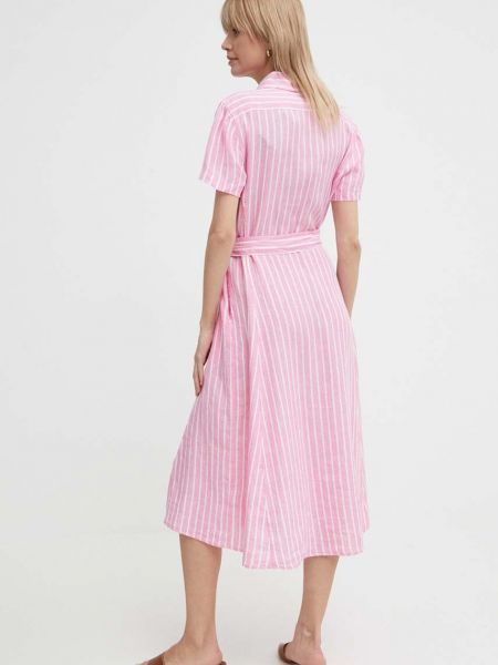 Lniana sukienka midi Polo Ralph Lauren różowa