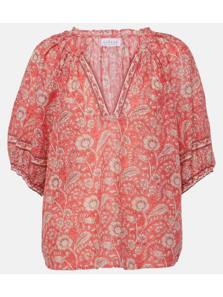 Floral bomull fløyel kort bluse Velvet rød