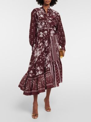 Rochie midi de mătase cu model floral cu volane Erdem bordo