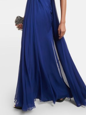 Drapované šifonové hedvábné dlouhé šaty Alexander Mcqueen modré