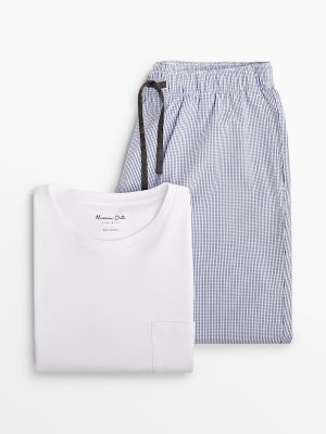 Пижама с клетчатыми брюками и топом с коротким рукавом Massimo Dutti, белый/голубой