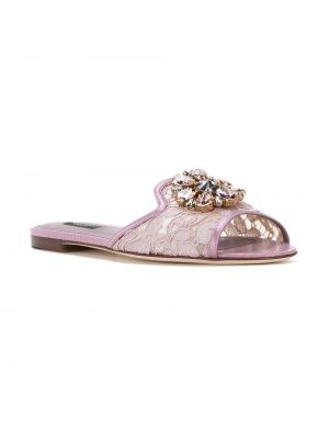 Mežģīņu sandales ar kristāliem Dolce & Gabbana rozā