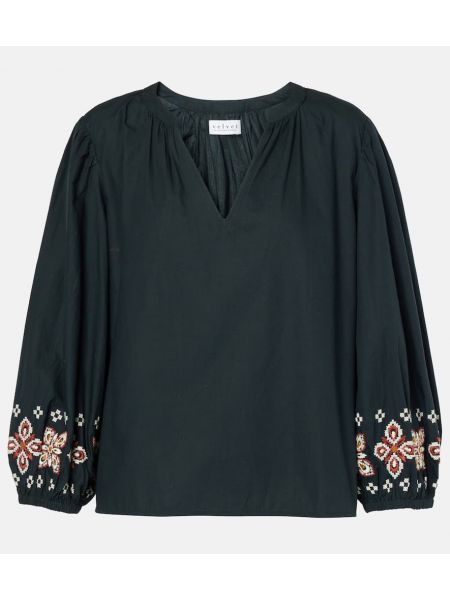 Bomull fløyel brodert krage bluse Velvet svart