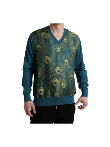 Jedwabny sweter w piórka z dekoltem w serek Dolce And Gabbana zielony