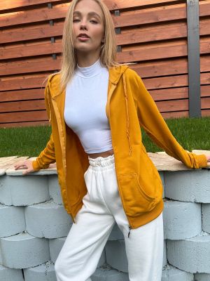 Oversized φούτερ με κουκούλα με φερμουάρ με τσέπες Trend Alaçatı Stili κίτρινο