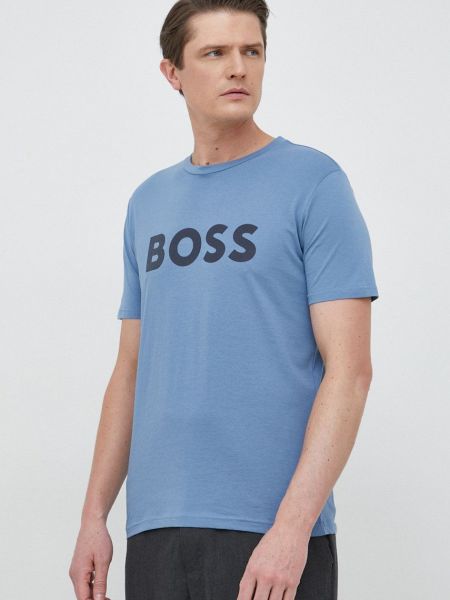 Памучна тениска с дълъг ръкав с принт Boss Orange синьо