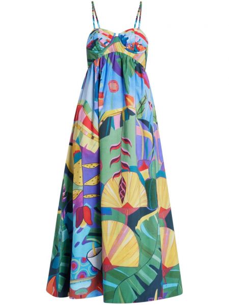 Bombažna obleka z naramnicami s tropskim vzorcem Farm Rio modra