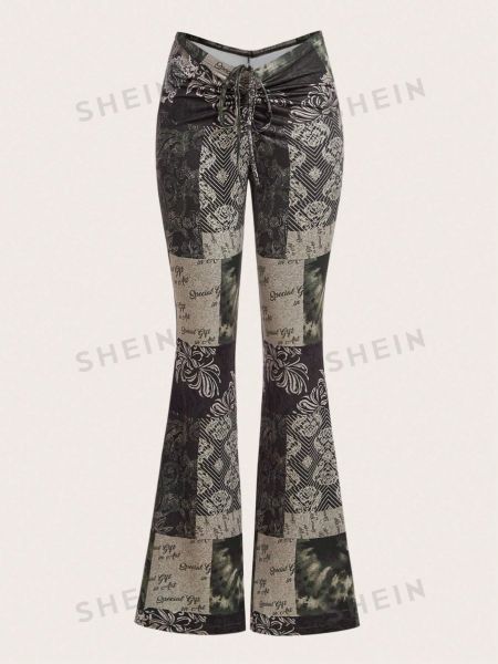 SHEIN ICON Расклешенные брюки с низкой посадкой и принтом в стиле пэчворк зеленый