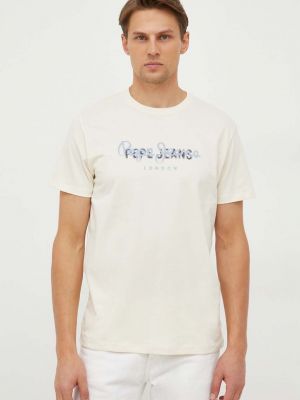 Bavlněné tričko s potiskem Pepe Jeans béžové