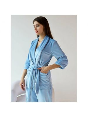 Комплект Marusya, брюки, блуза, на завязках, укороченный рукав, трикотажная, карманы, пояс на резинке, пояс, стрейч, S-L голубой
