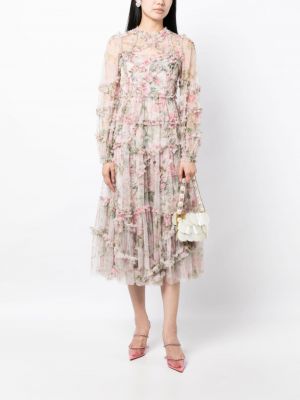 Květinové koktejlové šaty s potiskem Needle & Thread růžové