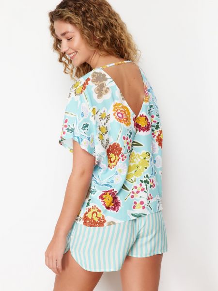 Pletena pižama s črtami s cvetličnim vzorcem Trendyol modra