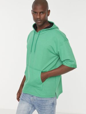 Pamučna hoodie s kapuljačom kratki rukavi oversized Trendyol zelena