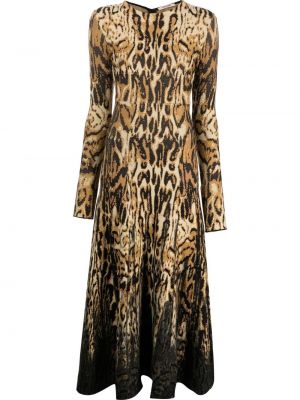 Vestito lungo leopardato in tessuto jacquard Roberto Cavalli marrone