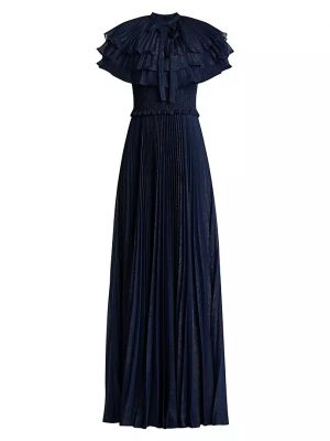 Платье-кейп металлизированного цвета с рюшами Zac Posen синий