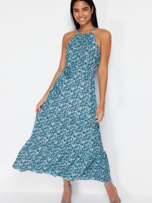 Pletené kvetinové dlouhé šaty Trendyol modrá