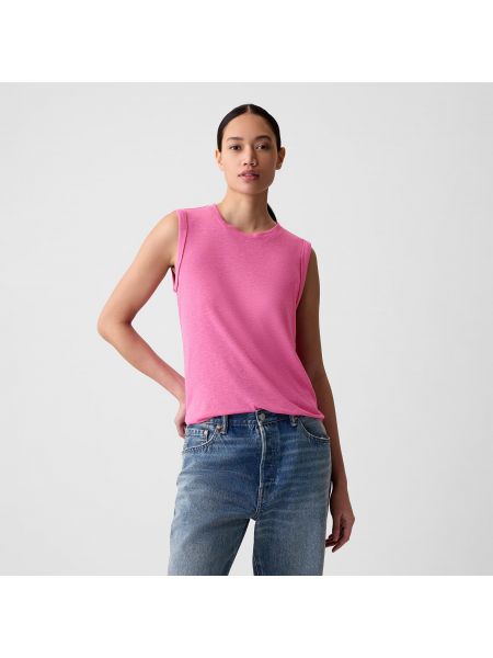 Lněné tričko bez rukávů Gap růžové