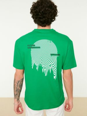 Zielona koszulka bawełniana z nadrukiem z krótkim rękawem Trendyol