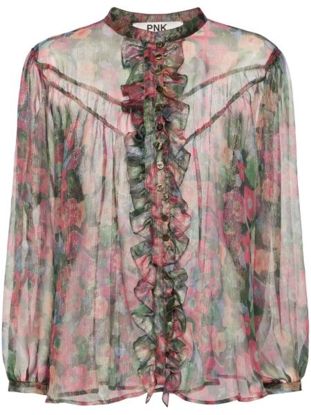 Svilena srajca s cvetličnim vzorcem Pnk zelena