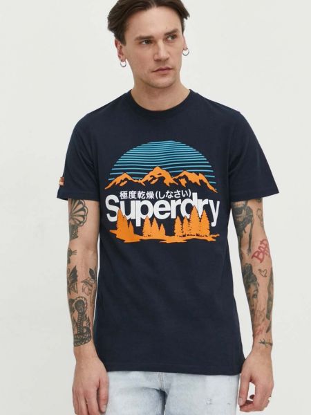Синяя хлопковая футболка с принтом Superdry