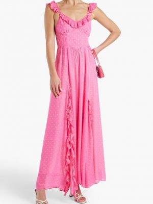 Шифоновое длинное платье в горошек с рюшами Loveshackfancy розовое