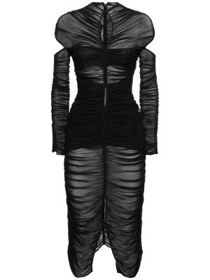 Černé drapované dlouhé šaty se síťovinou Mugler