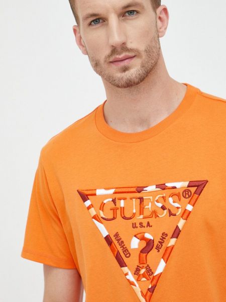 Тениска с дълъг ръкав с апликация Guess оранжево