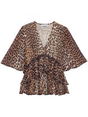 Bluza s potiskom z leopardjim vzorcem z v-izrezom Ganni rjava