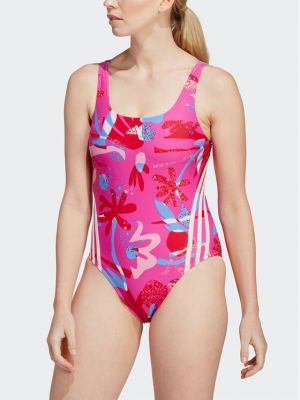 Gėlėtas dryžuotas vientisas maudymosi kostiumėlis Adidas rožinė
