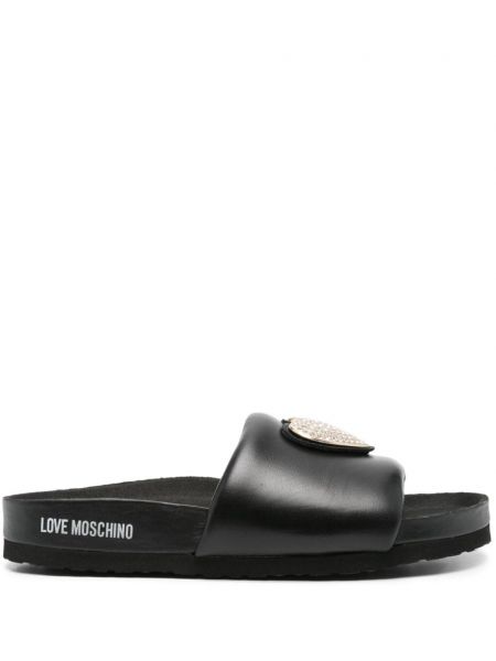 Tongs en cuir avec applique de motif coeur Love Moschino noir