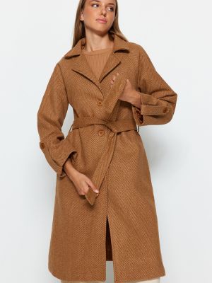 Кашемировое длинное пальто оверсайз Trendyol коричневое