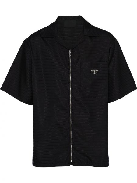 Nylónová košeľa na zips s krátkymi rukávmi Prada - čierna