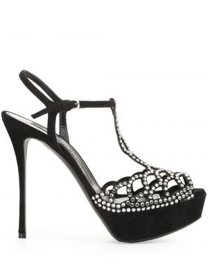 Kožne sandale s kristalima Sergio Rossi crna