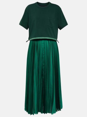 Атласное платье миди из джерси Sacai зеленое