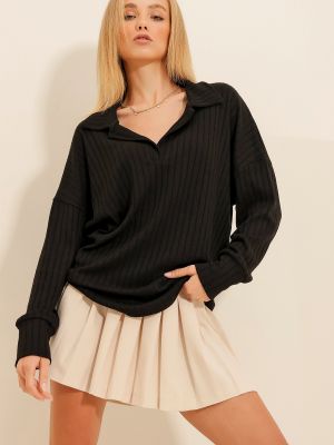 Megztas polo marškinėliai Trend Alaçatı Stili juoda