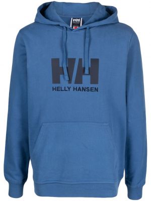 Памучен суичър с качулка с принт Helly Hansen синьо