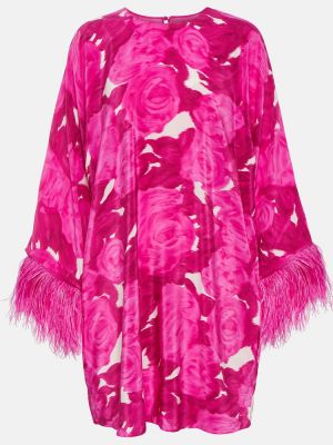 Svilena haljina sa perjem s cvjetnim printom Valentino ružičasta