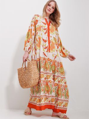 Viskózové dlouhé šaty s knoflíky s výstřihem do v Trend Alaçatı Stili oranžové