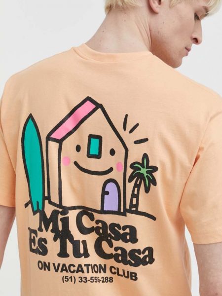 Koszulka bawełniana z nadrukiem On Vacation pomarańczowa
