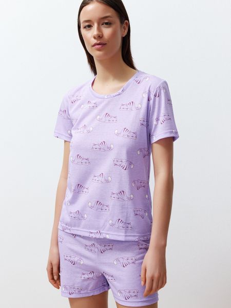 Pijamale din bumbac tricotate cu imprimeu animal print Trendyol