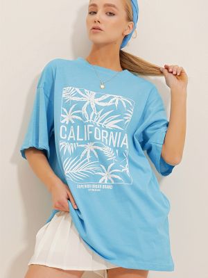 Oversized majica s potiskom Trend Alaçatı Stili modra