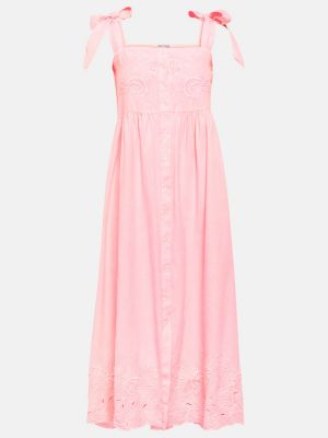 Pamučna lanena midi haljina s vezom Juliet Dunn ružičasta