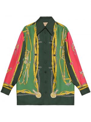 Svilena srajca s potiskom Gucci zelena