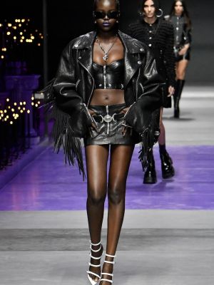 Lederjacke mit fransen Versace schwarz