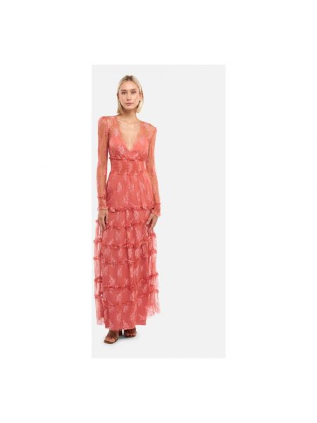 Sukienka długa z falbankami koronkowa Pinko różowa