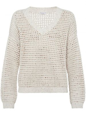 Pull en tricot à col v ajouré Brunello Cucinelli beige