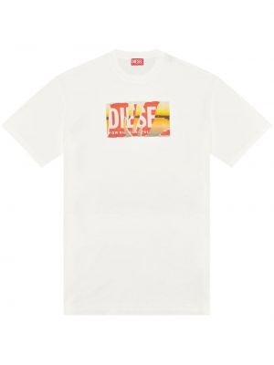 Памучна тениска с разкъсвания с принт Diesel бяло