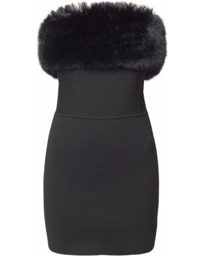 Vlnené mini šaty s kožušinou Saint Laurent čierna