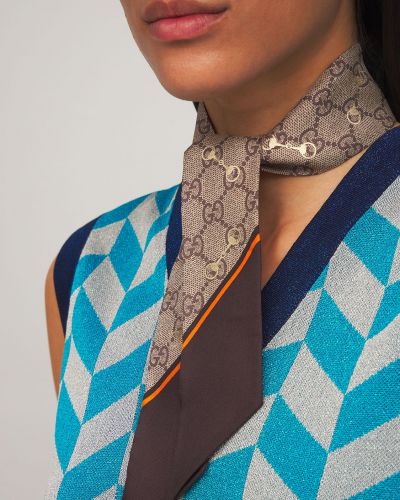 Копринен шал с панделка с принт Gucci